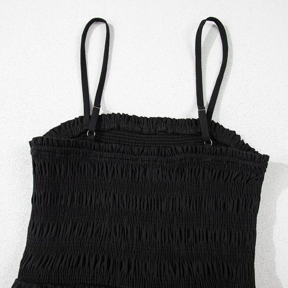 B249 Black Spaghetti Straps Shirred Bodice Pocketed Wide Leg Jumpsuit - Picture 15 of 16